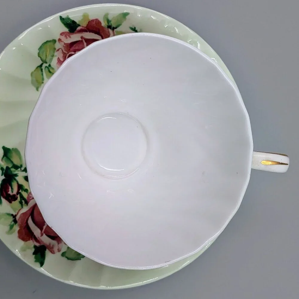Vintage Queen Anne Bone China Tea Cup and Saucer Set - Mint Green with Pink Cabb